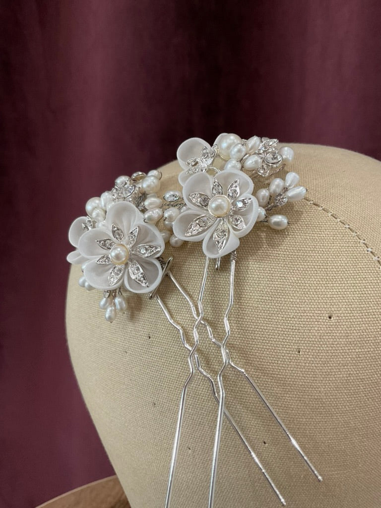 Cocoe Voci - Set Of Two Organza Flowers, Freshwater Pearls, Crystals