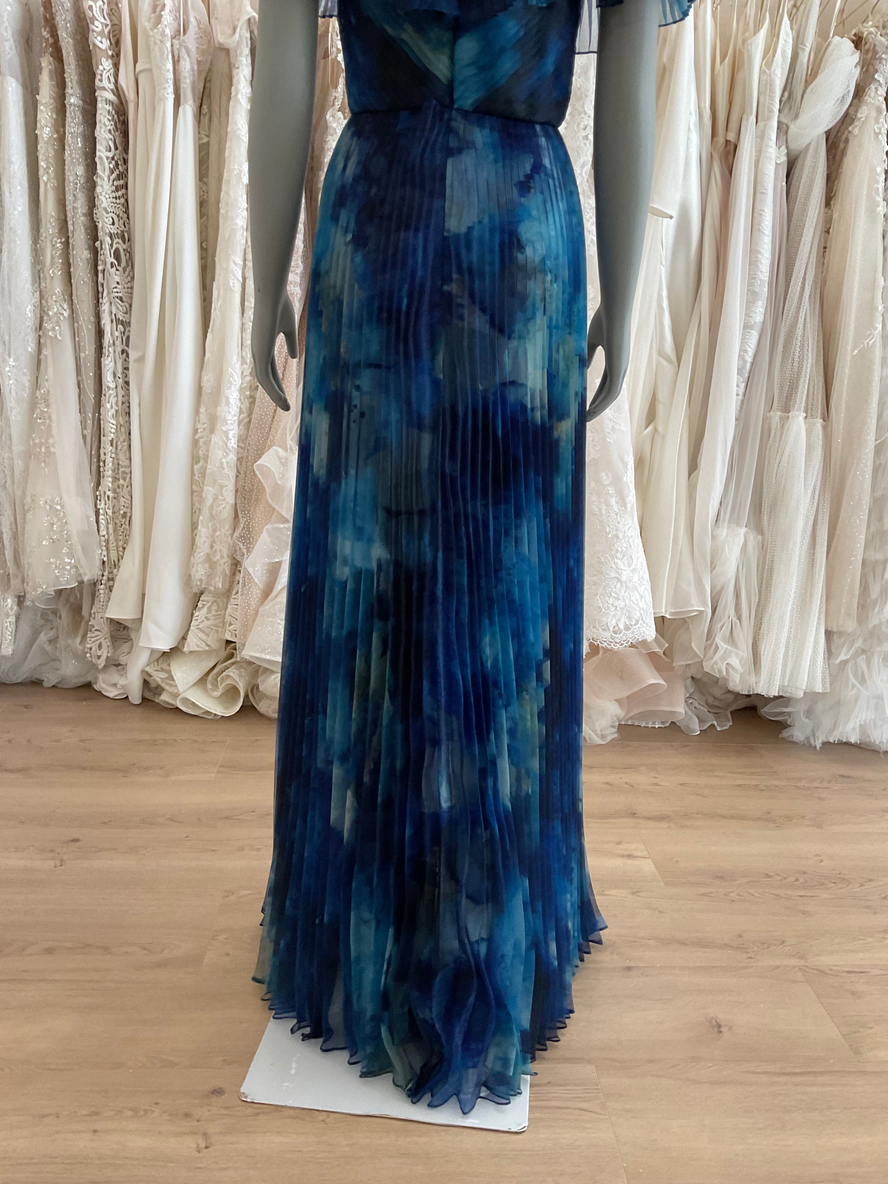 Theia Off the Shoulder Pleated Printed Organza Gown