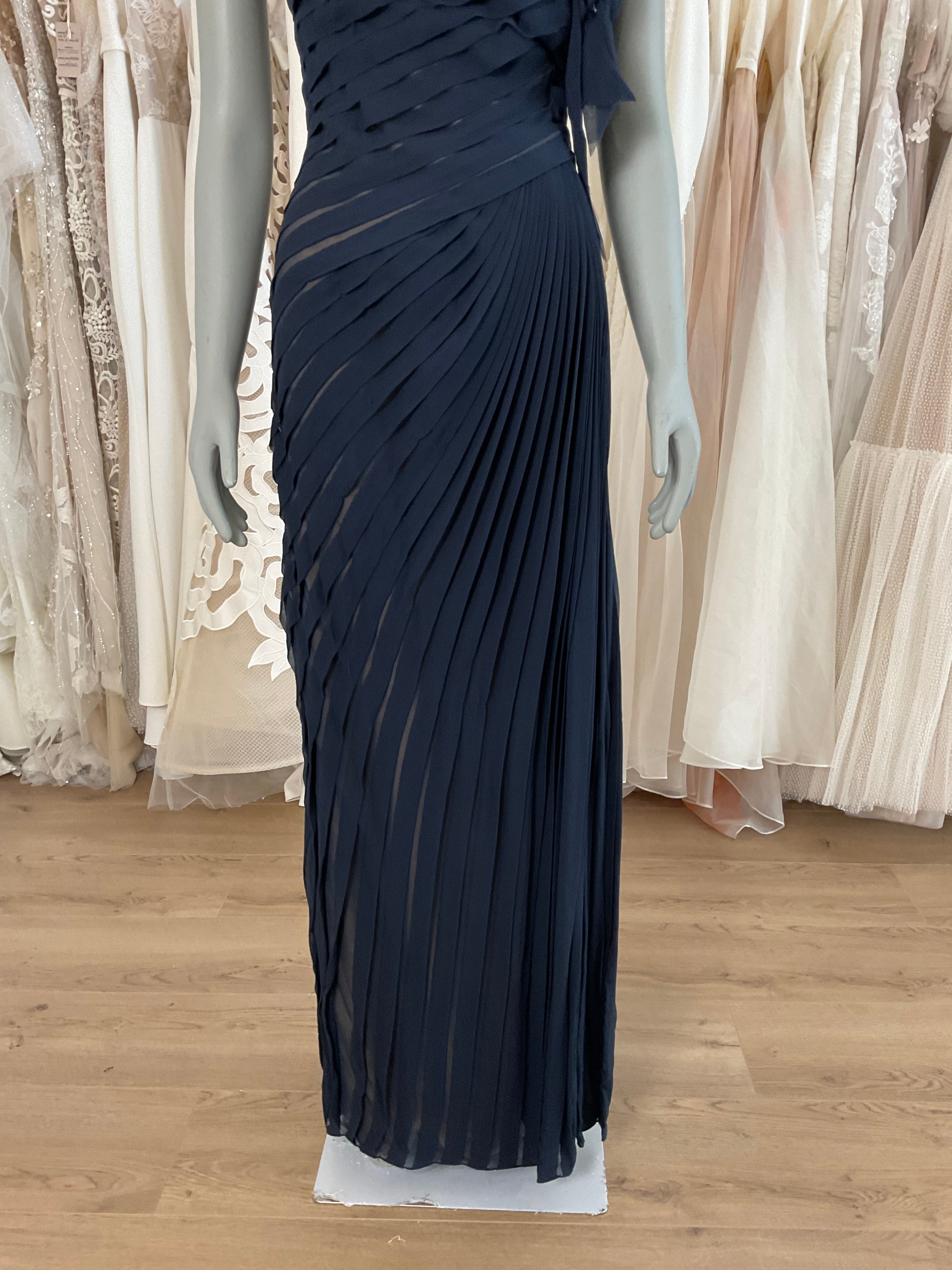 Tadashi Shoji One Shoulder Pleated Navy Gown